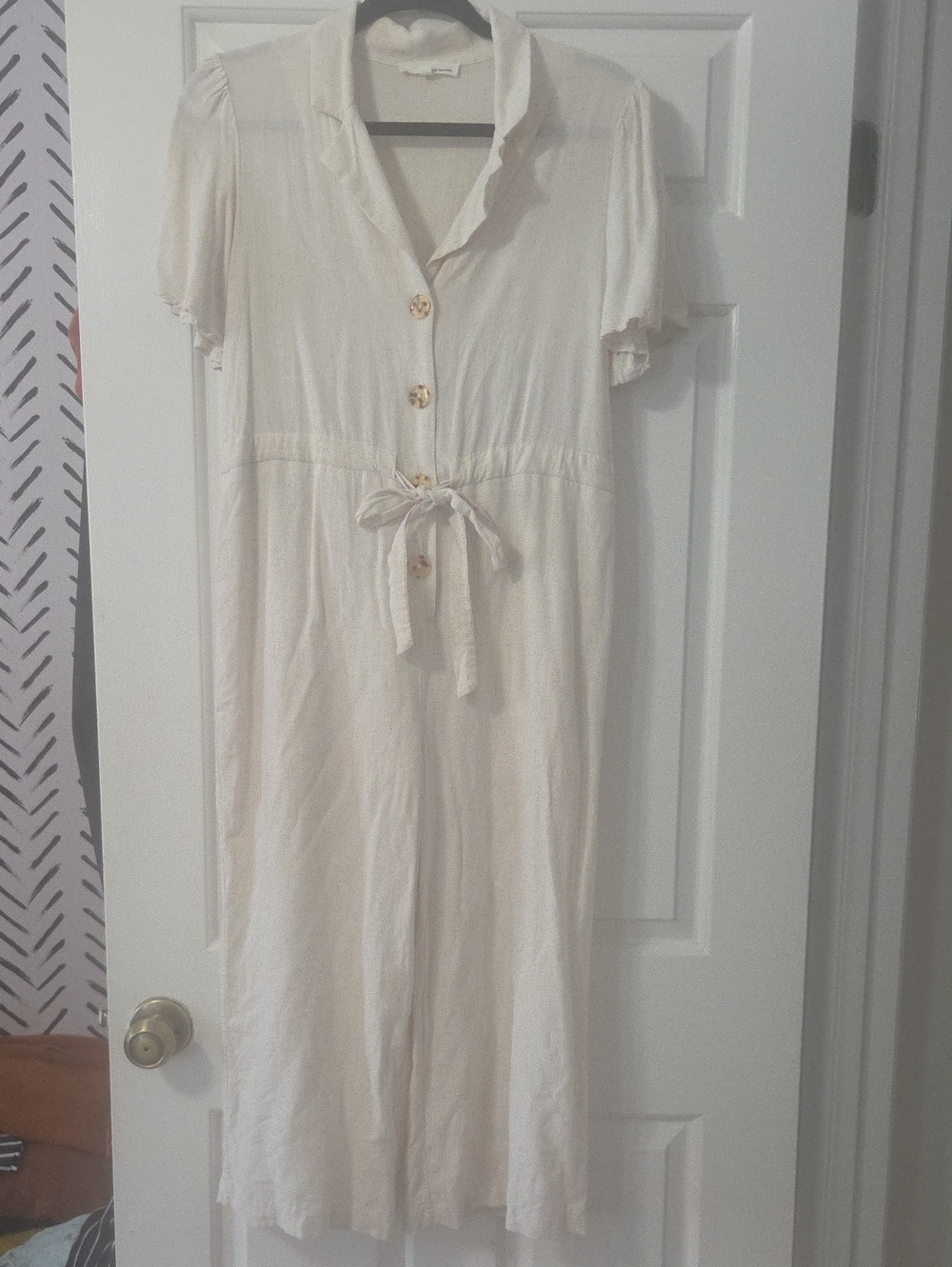 Women's Cream Short-Sleeve Button-Front Jumpsuit with Tie Waist
